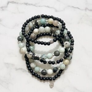 Boho Stacking Bracelet Set (5pc) | Aventurine, Ebony Wood & Silver Hamsa Charm